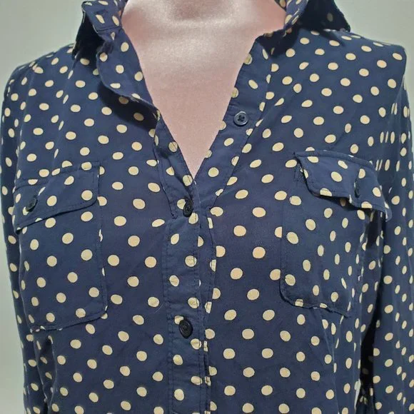 Loft Navy Blouse with Tan Polka Dots - Picture 2 of 5